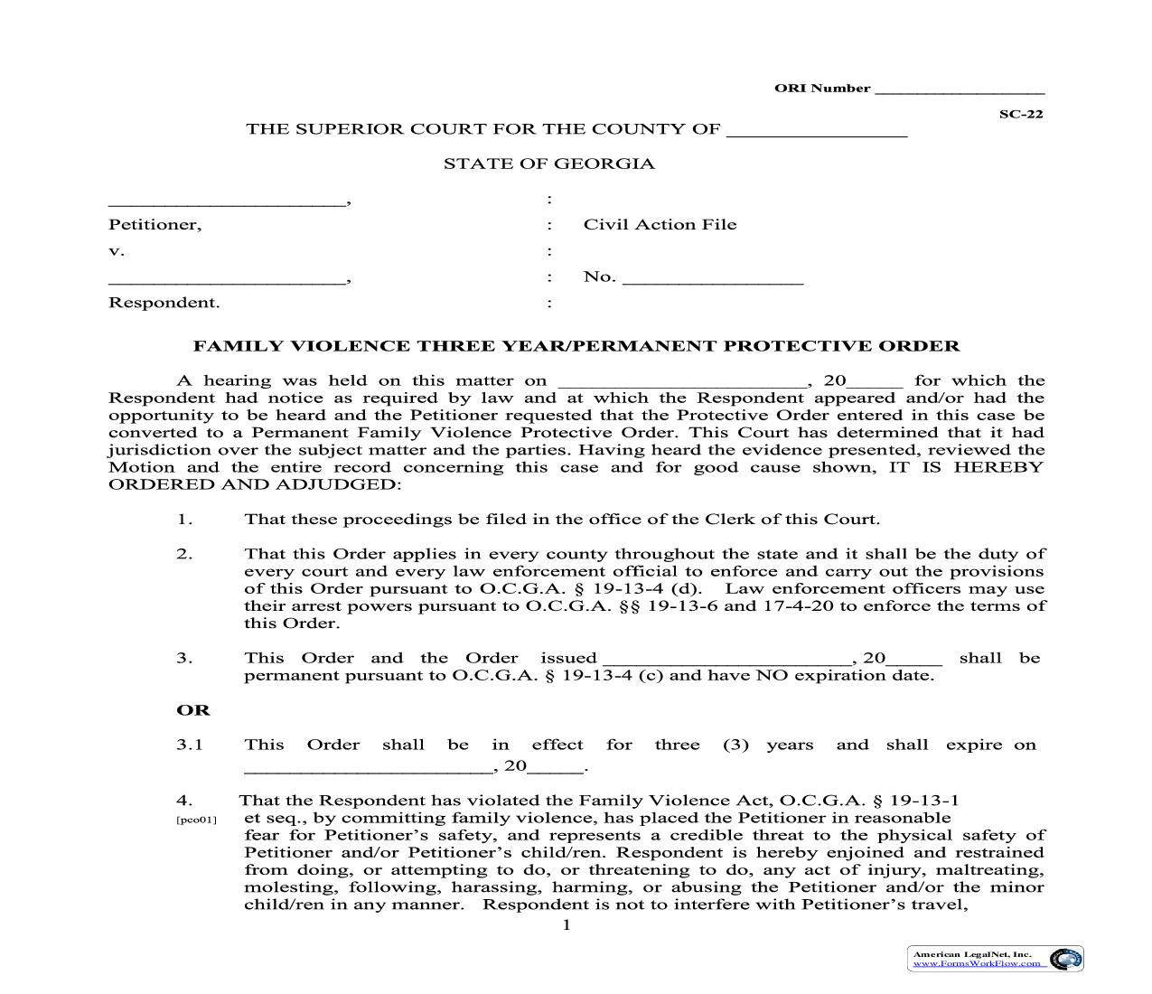 Family Violence Three Year-Permanent Protective Order | Pdf Fpdf Doc Docx | Georgia