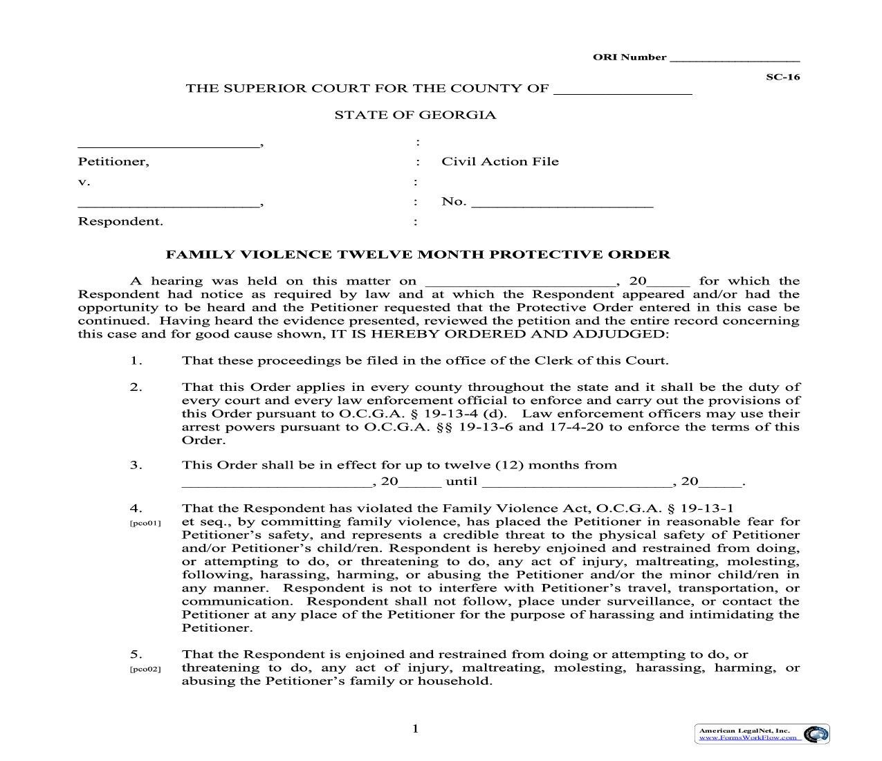 Family Violence Twelve Month Protective Order | Pdf Fpdf Doc Docx | Georgia