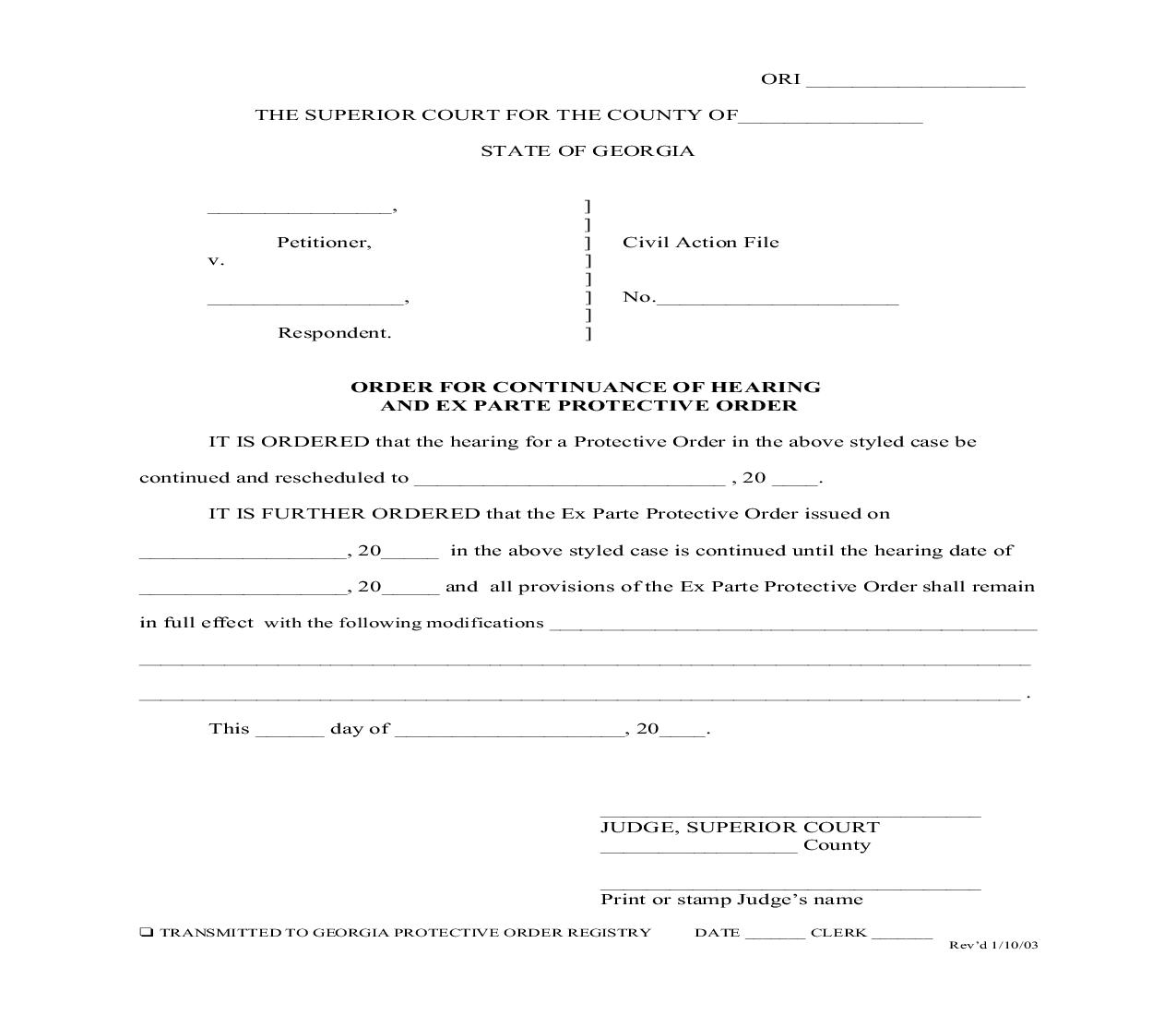 Order For Continuance Of Hearing And Ex Parte Protective Order | Pdf Fpdf Doc Docx | Georgia