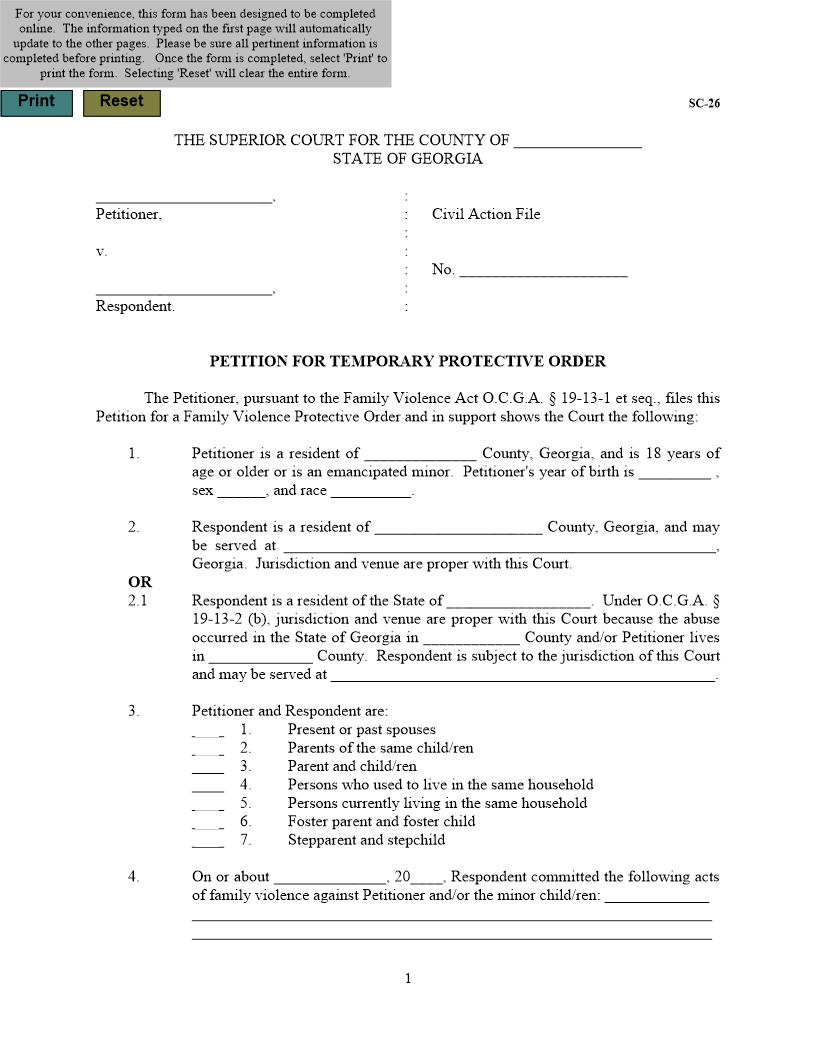 Petition For Temporary Protective Order {SC-26} | Pdf Fpdf Docx | Georgia