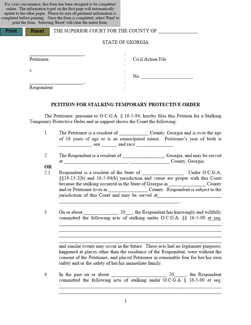 Pettion For Stalking Temporary Protective Order | Pdf Fpdf Docx | Georgia