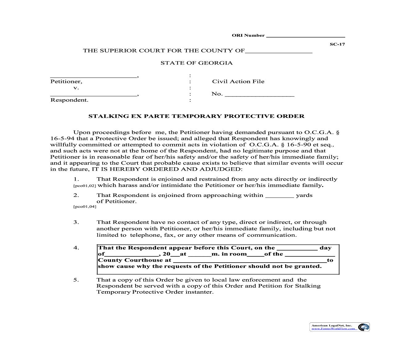 Stalking Ex Parte Temporary Protective Order | Pdf Fpdf Doc Docx | Georgia