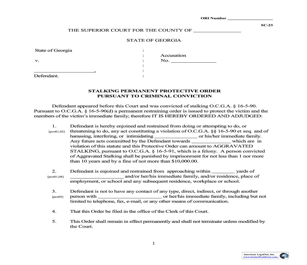 Stalking Permanent Protective Order Pursuant To Criminal Conviction | Pdf Fpdf Doc Docx | Georgia
