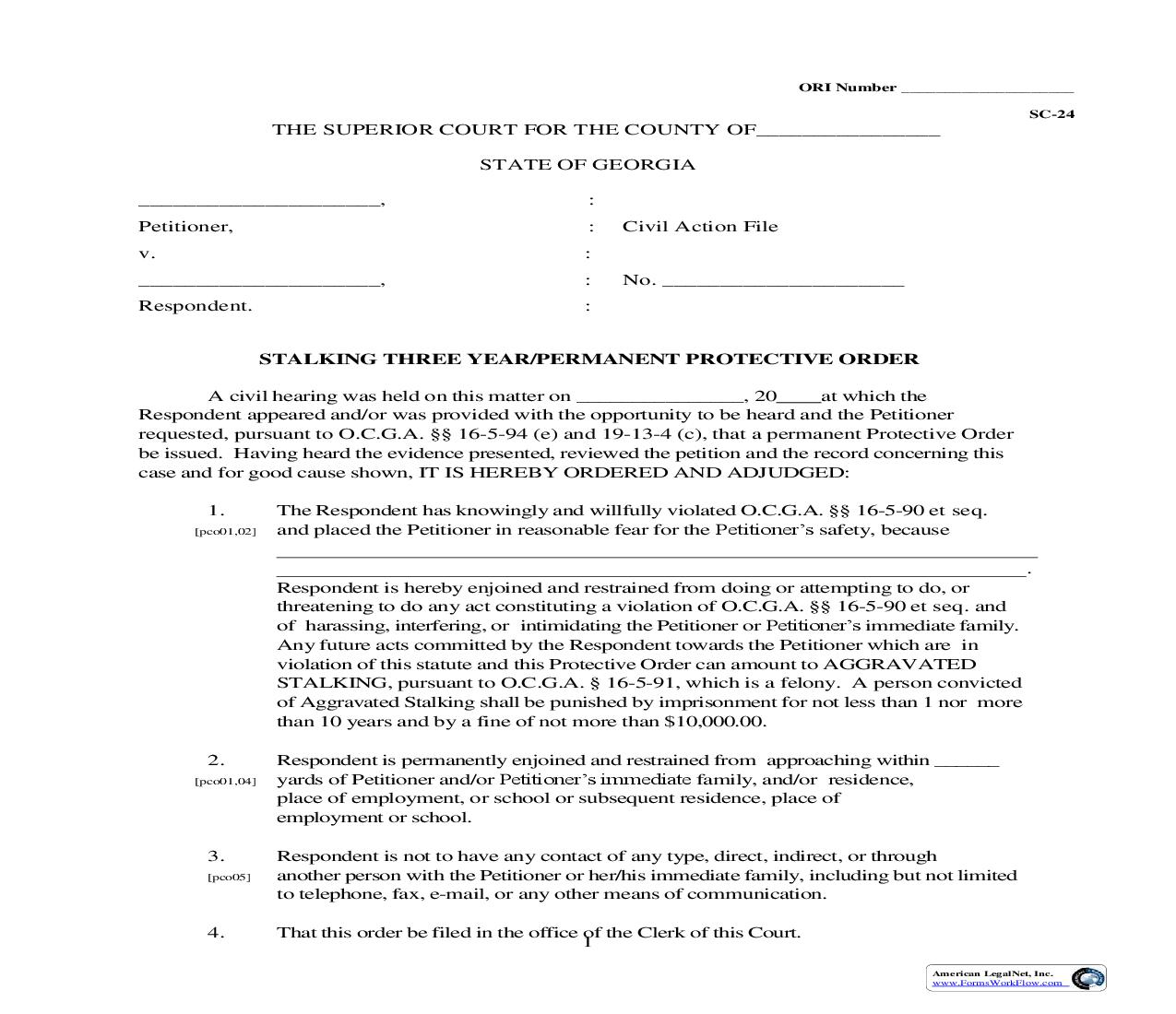 Stalking Three Year-Permanent Protective Order | Pdf Fpdf Doc Docx | Georgia