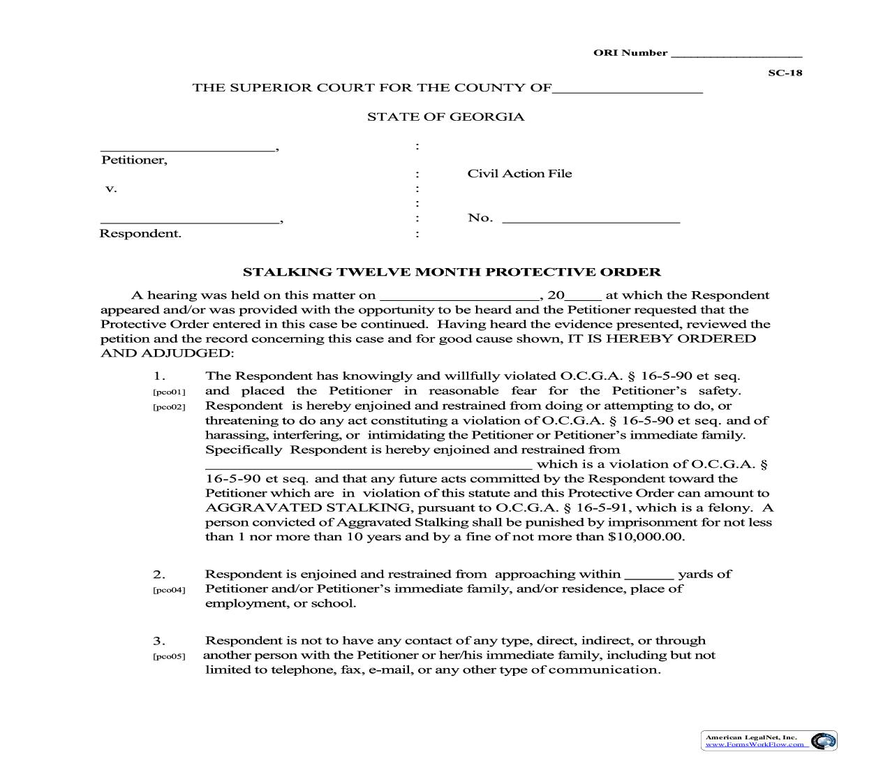 Stalking Twelve Month Protective Order | Pdf Fpdf Doc Docx | Georgia
