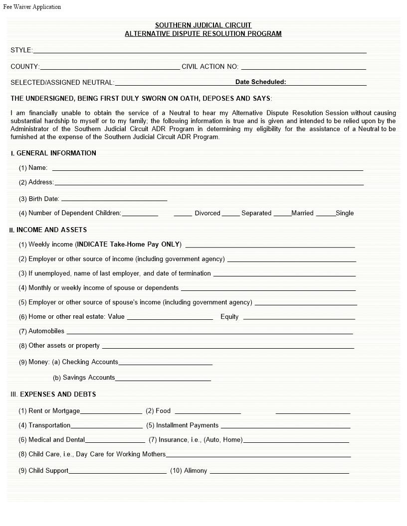 Fee Waiver Application  (ADR) | Pdf Fpdf Doc Docx | Georgia