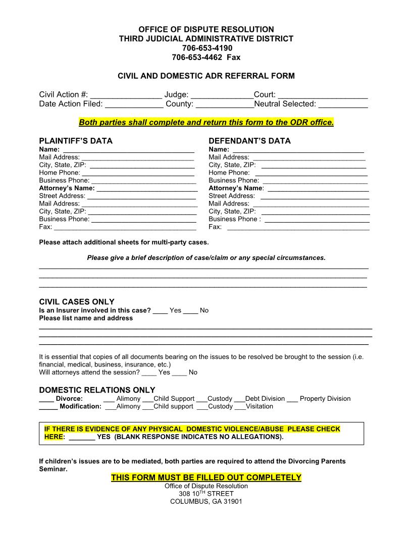 Civil And Domestic ADR Referral Form | Pdf Fpdf Doc Docx | Georgia