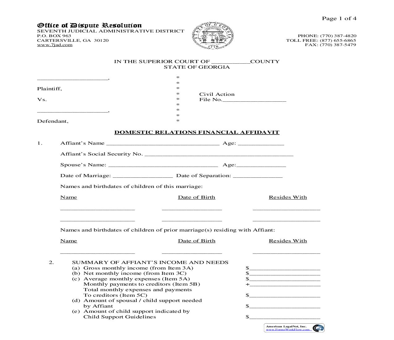 Domestic Relations Financial Affidavit | Pdf Fpdf Doc Docx | Georgia