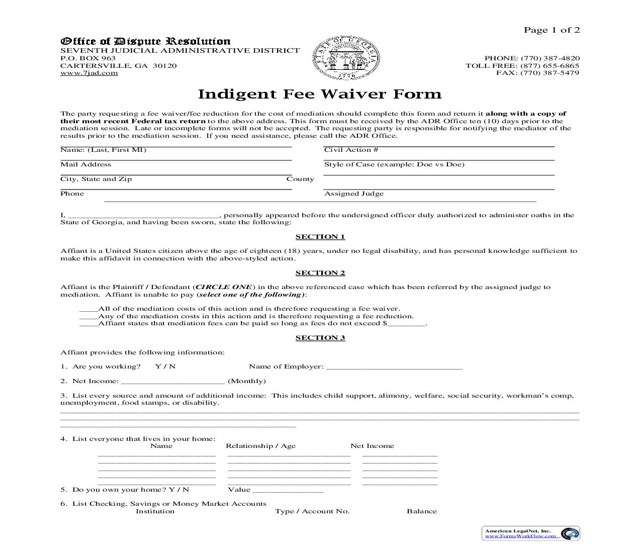 Indigent Fee Waiver Form | Pdf Fpdf Doc Docx | Georgia