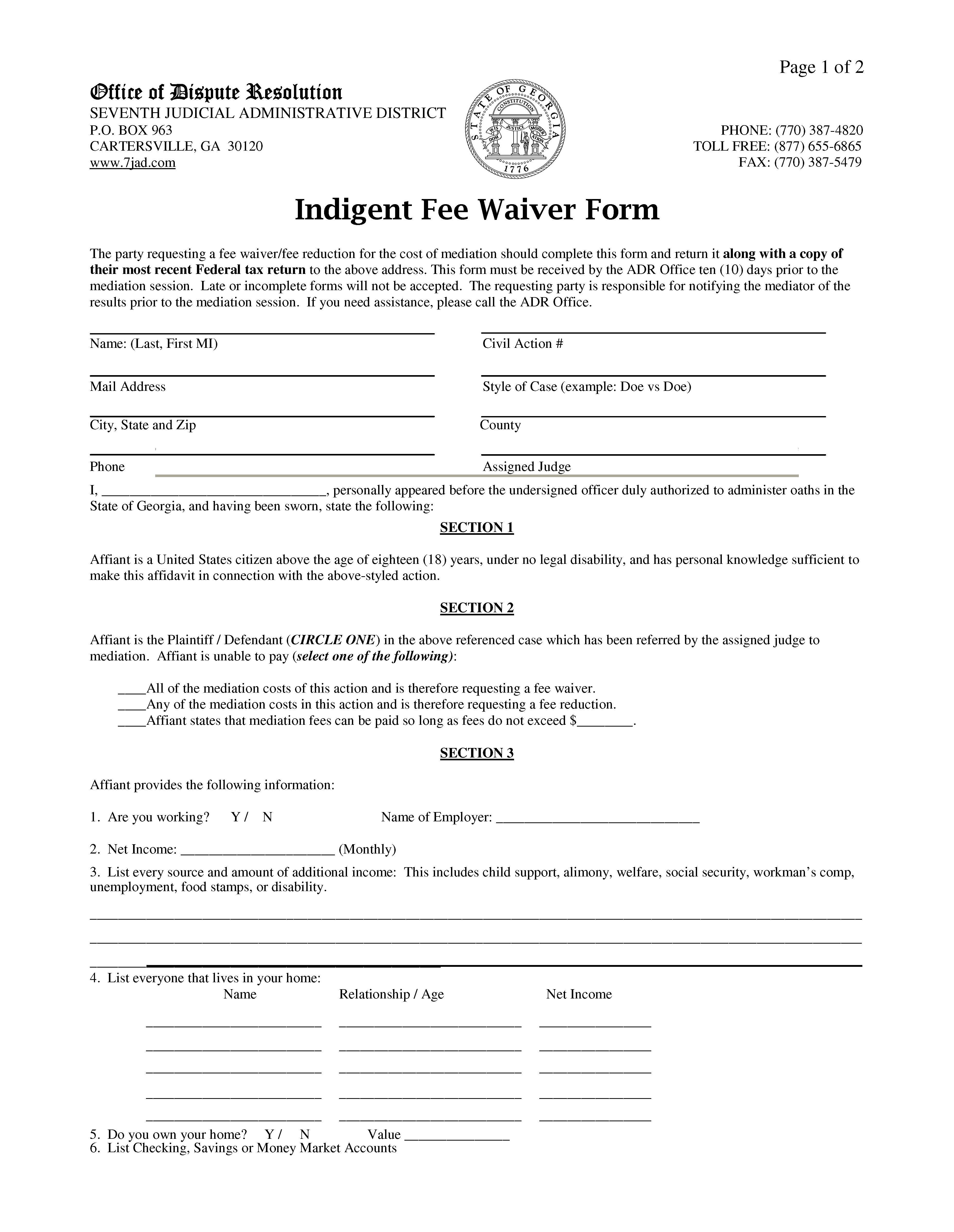 Indigent Fee Waiver Form | Pdf Fpdf Doc Docx | Georgia