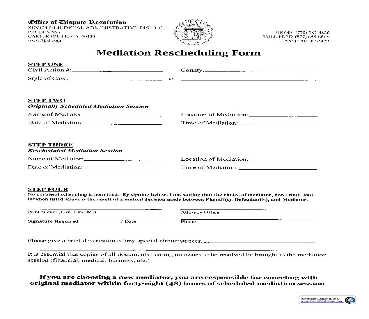 Mediation Rescheduling Form | Pdf Fpdf Doc Docx | Georgia