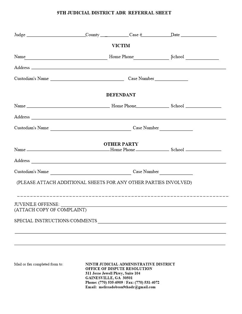 ADR Referral Sheet (Juvenile Delinquent) | Pdf Fpdf Docx | Georgia