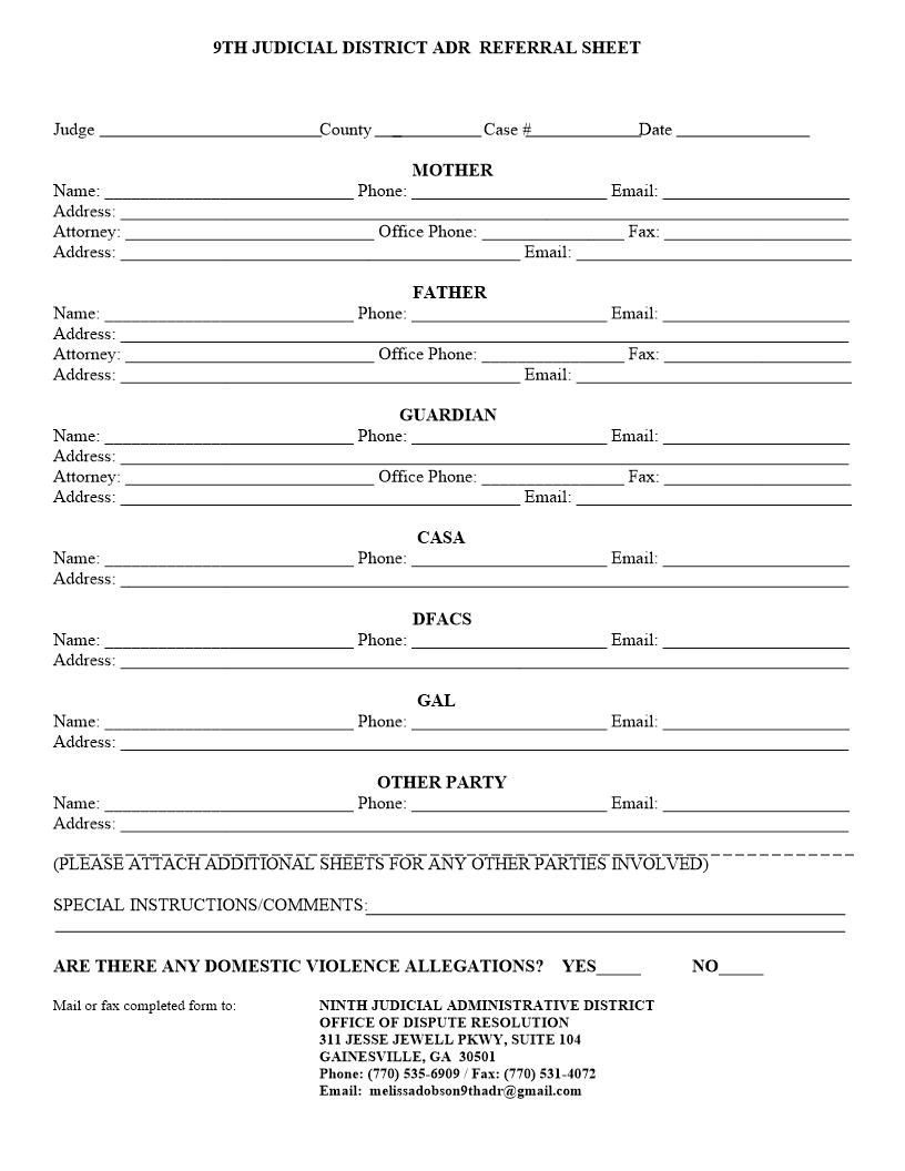 ADR Referral Sheet (Juvenile Dependency)  | Pdf Fpdf Docx | Georgia