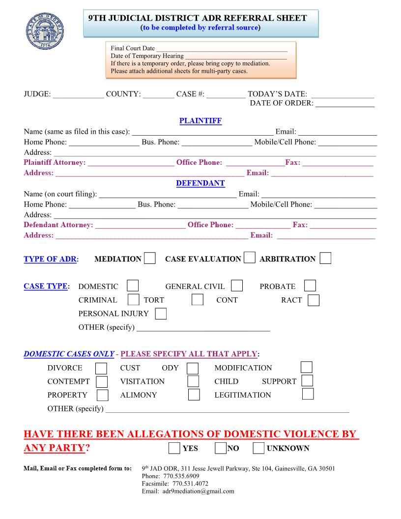 ADR Referral Sheet | Pdf Fpdf Docx | Georgia
