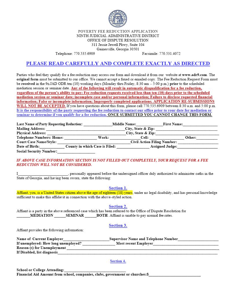 Poverty Fee Reduction Application | Pdf Fpdf Doc Docx | Georgia