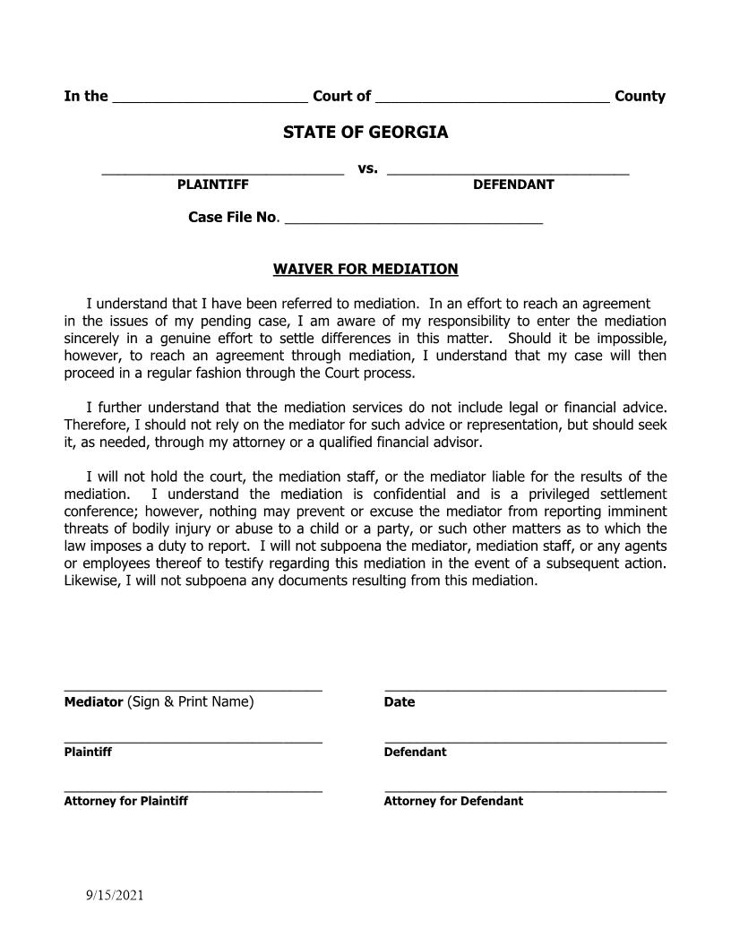 Waiver For Mediation (Magistrate Court) | Pdf Fpdf Docx | Georgia