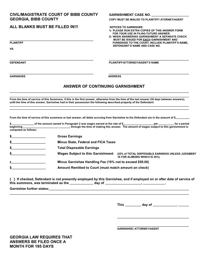 Answer Of Continuing Garnishment | Pdf Fpdf Docx | Georgia