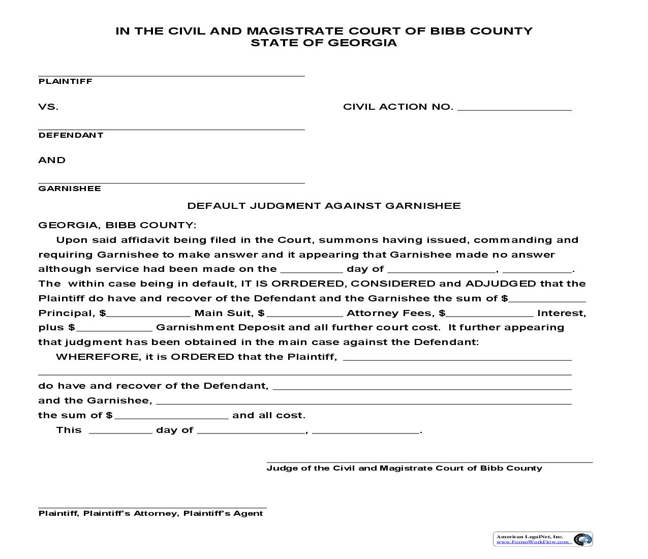 Default Judgment Against Garnishee | Pdf Fpdf Doc Docx | Georgia