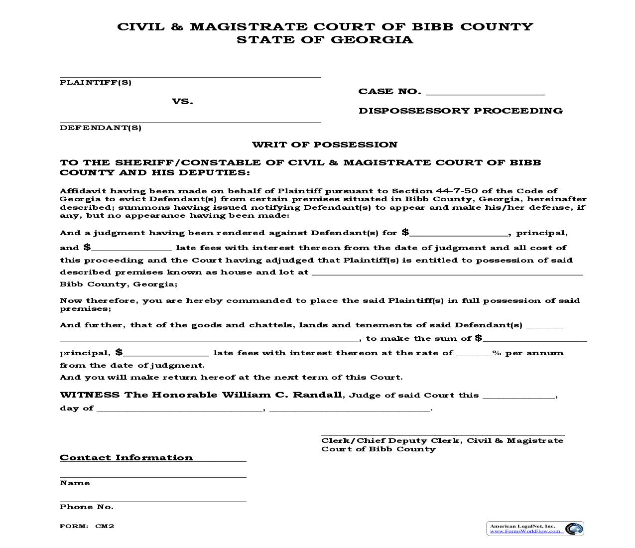 Writ Of Possession (Dispossessory Proceeding) | Pdf Fpdf Doc Docx | Georgia