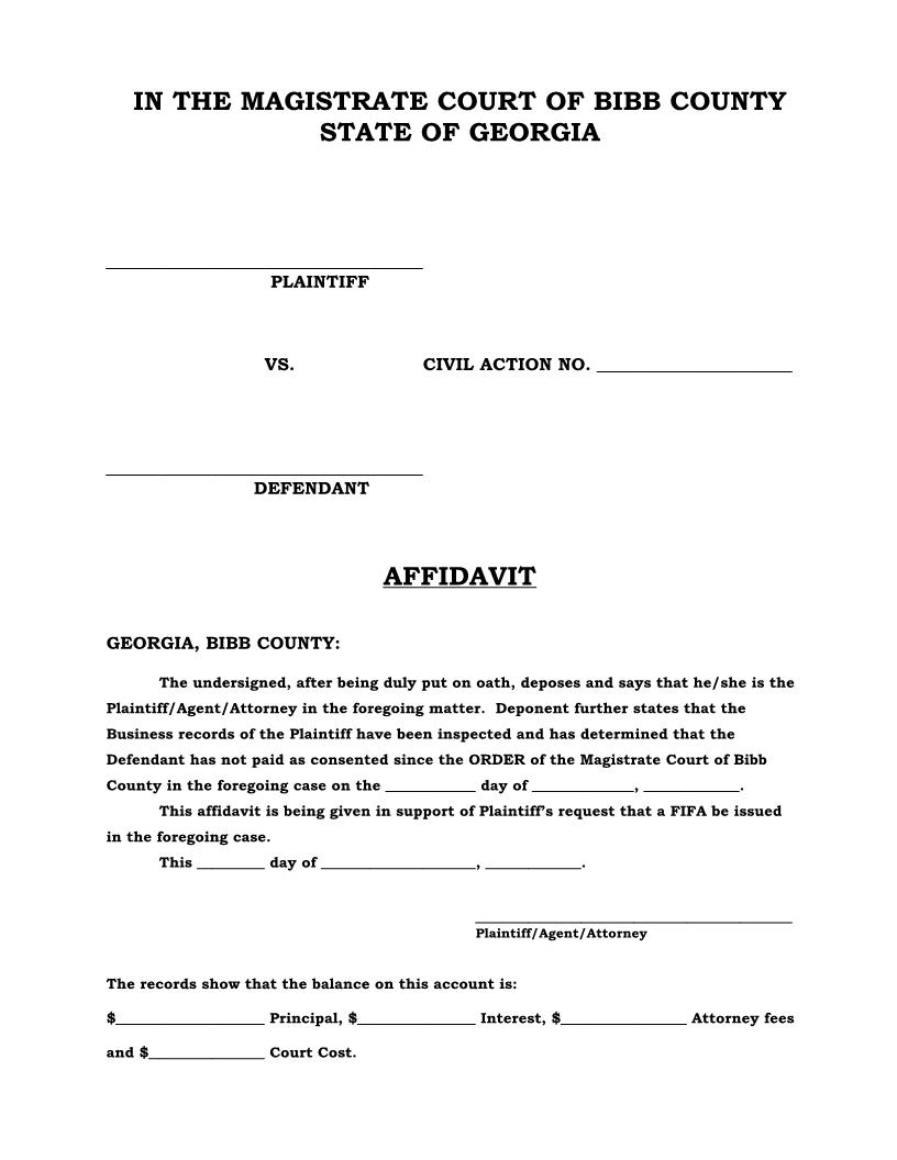 Affidavit (In Support Of A FIFA From A Consent Judgment) | Pdf Fpdf Docx | Georgia