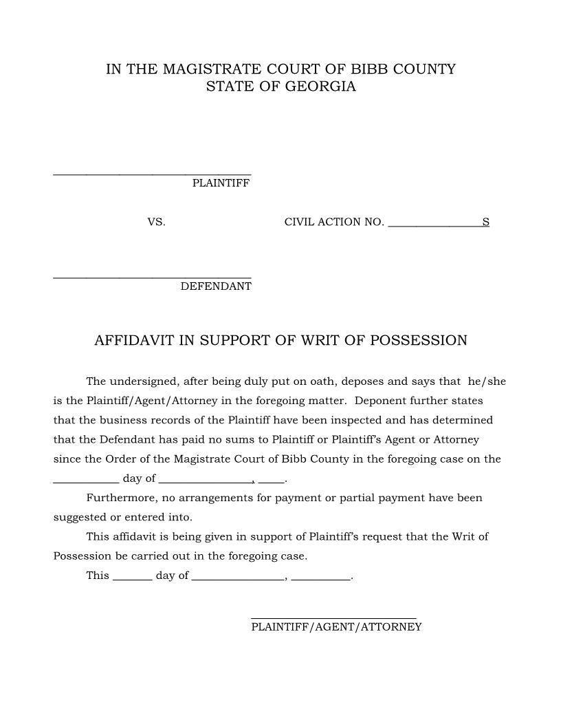 Affidavit In Support Of Writ Of Possession | Pdf Fpdf Docx | Georgia