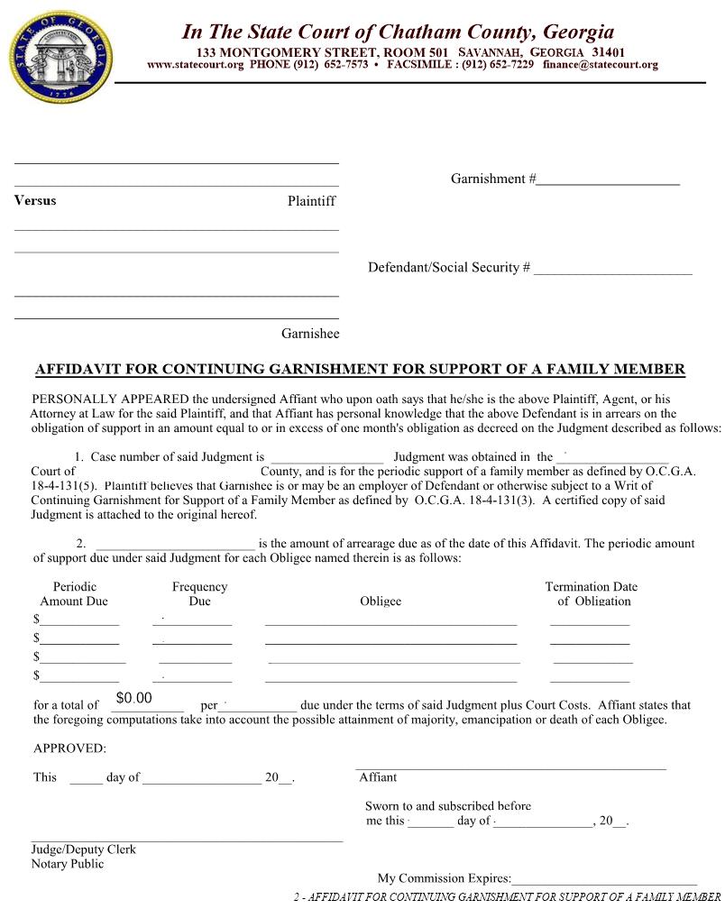 Affidavit For Continuing Garnishment For Support Of A Family Member | Pdf Fpdf Docx | Georgia