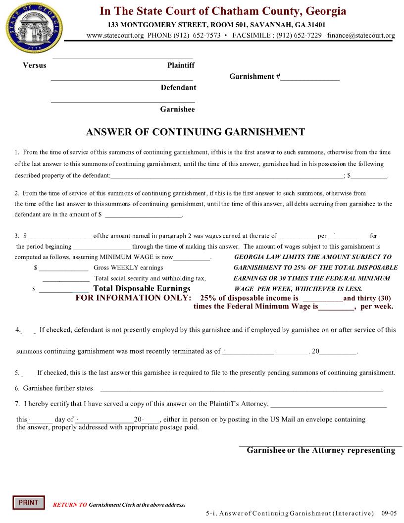 Answer Of Continuing Garnishment | Pdf Fpdf Doc Docx | Georgia