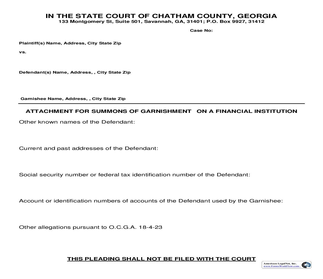 Attachment For Summons Of Garnishment On A Financial Institution | Pdf Fpdf Doc Docx | Georgia