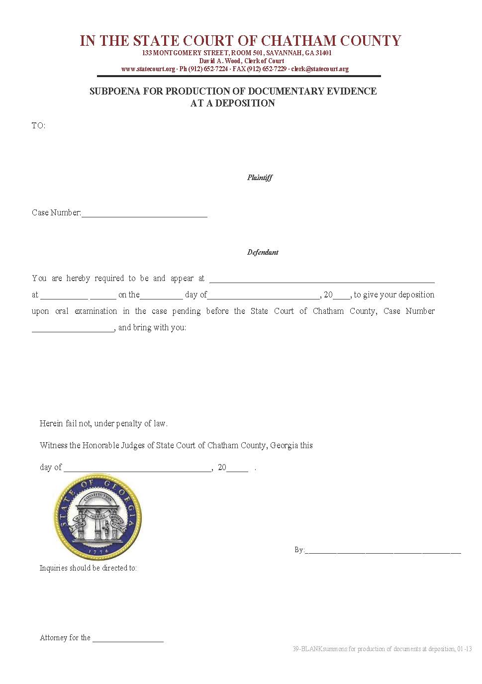 Blank Subpoena For Production Of Documents Deposition | Pdf Fpdf Docx | Georgia