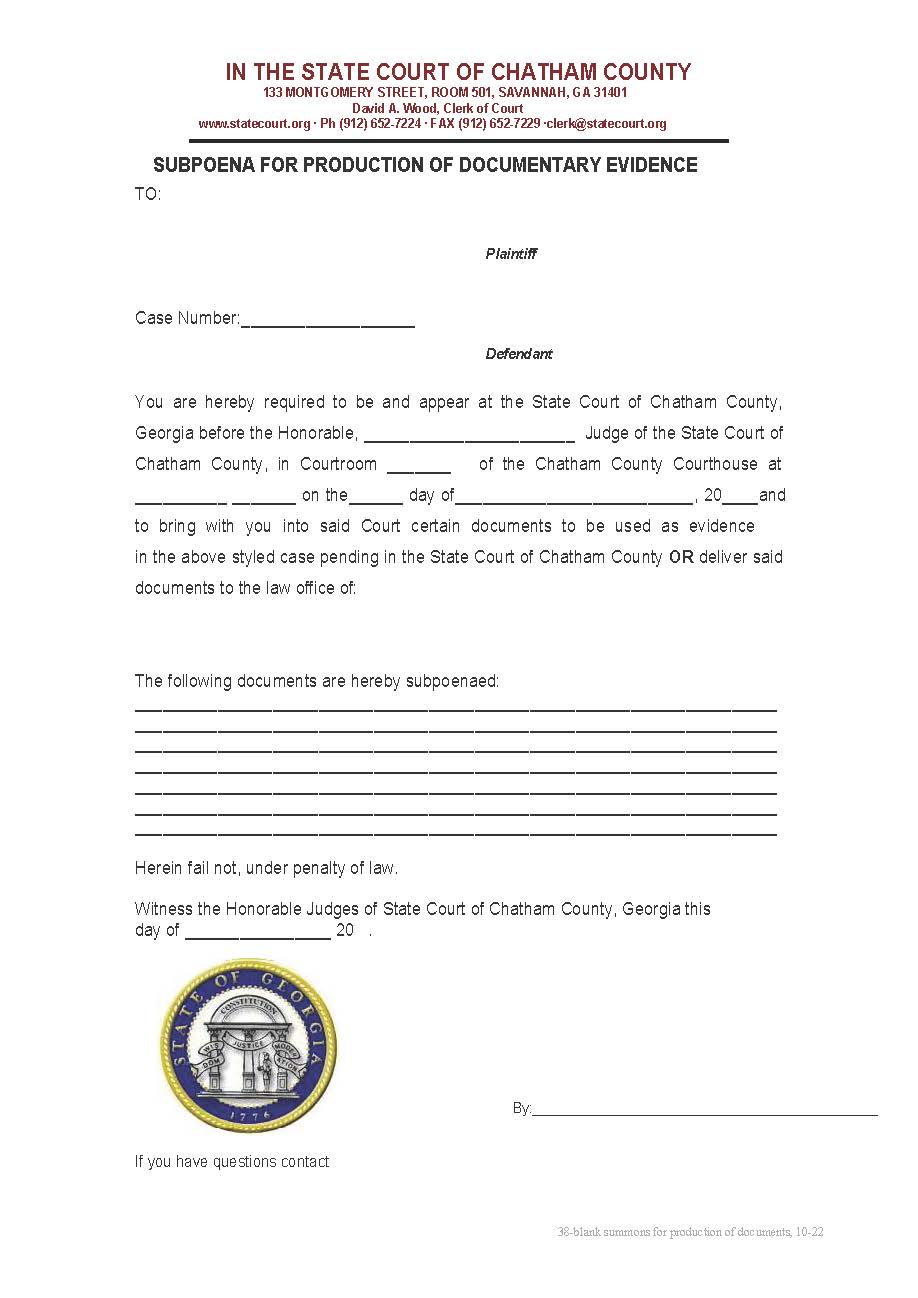 Blank Subpoena For Production Of Documents | Pdf Fpdf Docx | Georgia