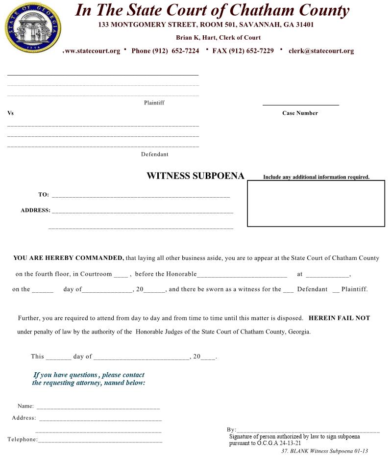 Blank Witness Subpoena | Pdf Fpdf Docx | Georgia