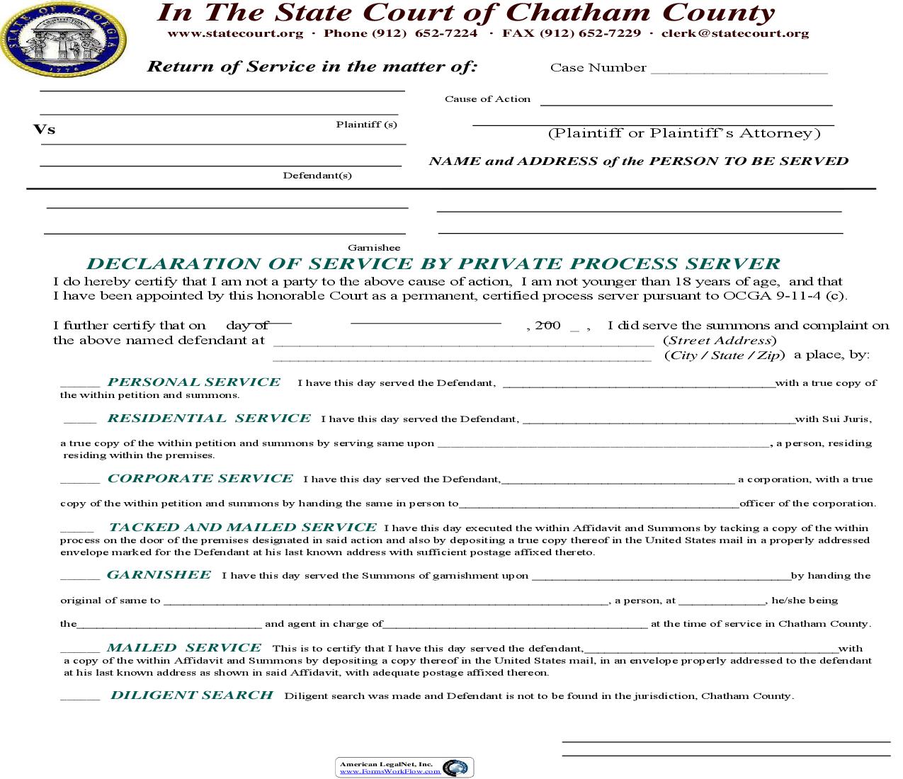 Declaration Of Service By Private Process Server | Pdf Fpdf Doc Docx | Georgia