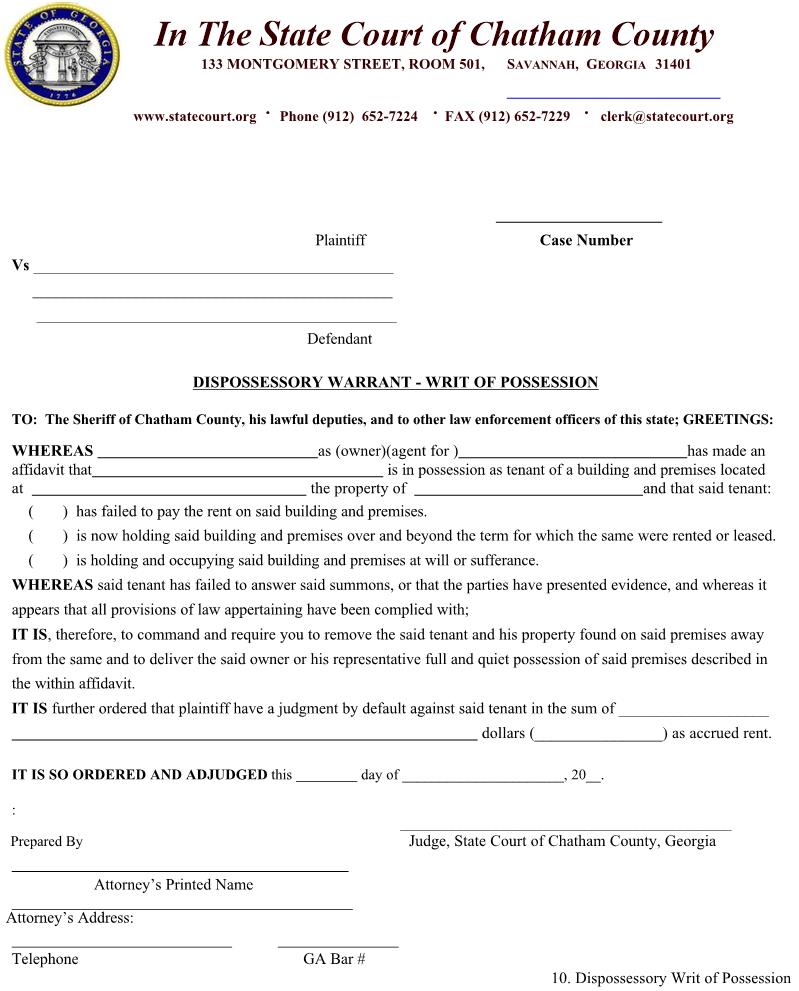 Dispossessory Warrant - Writ of Possession | Pdf Fpdf Doc Docx | Georgia