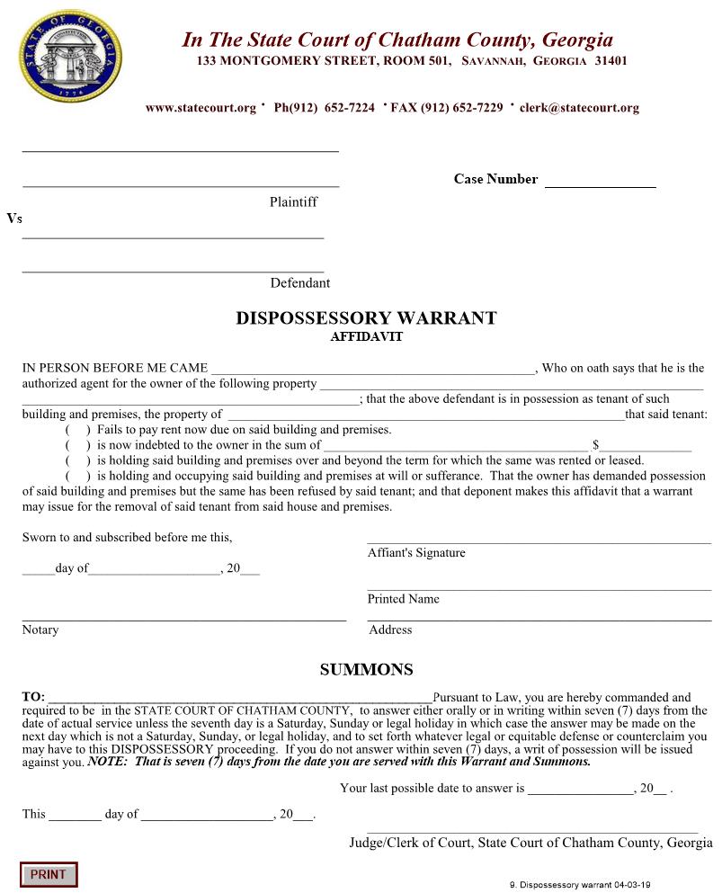 Dispossessory Warrant | Pdf Fpdf Doc Docx | Georgia