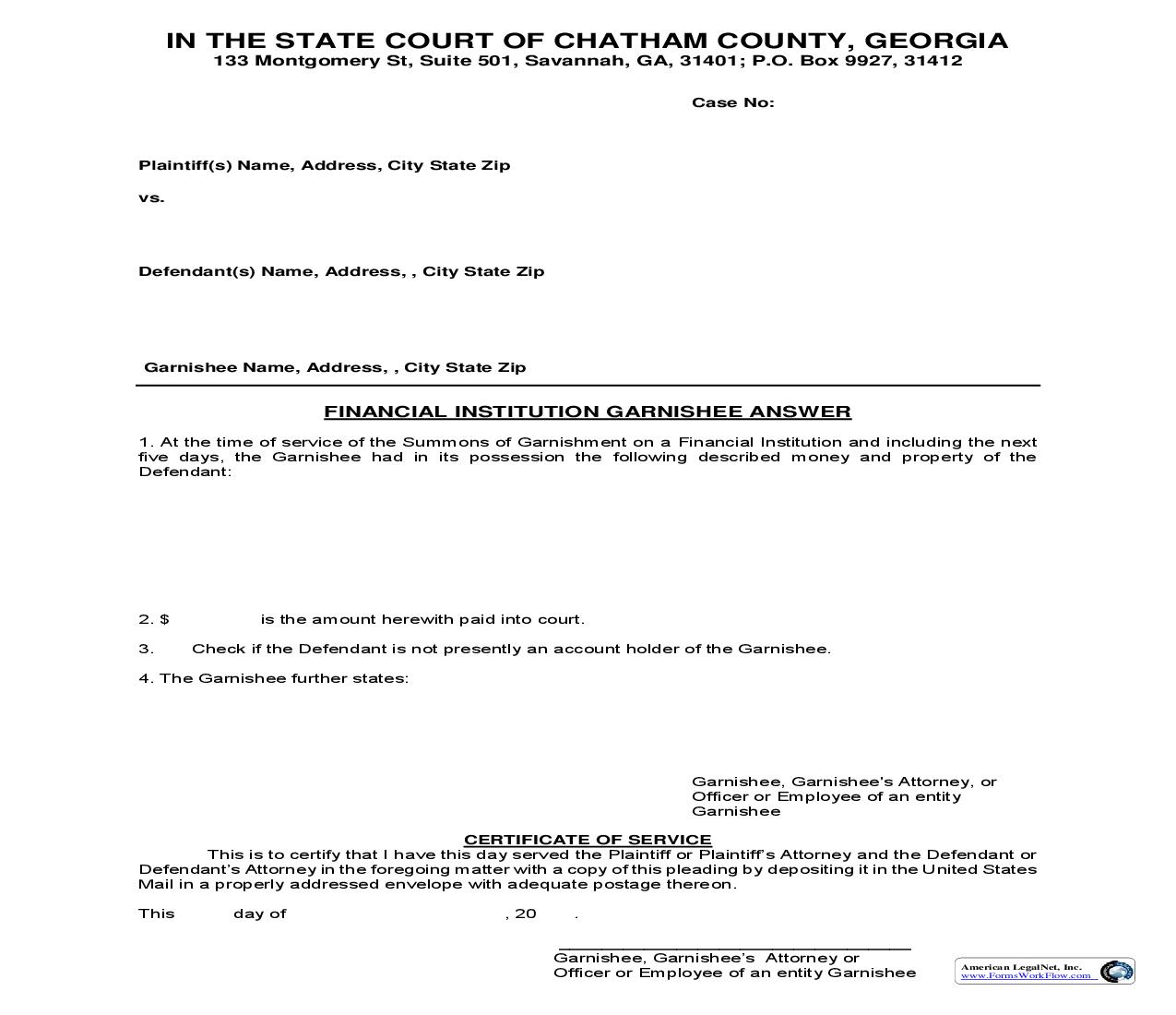 Financial Institution Garnishee Answer | Pdf Fpdf Doc Docx | Georgia