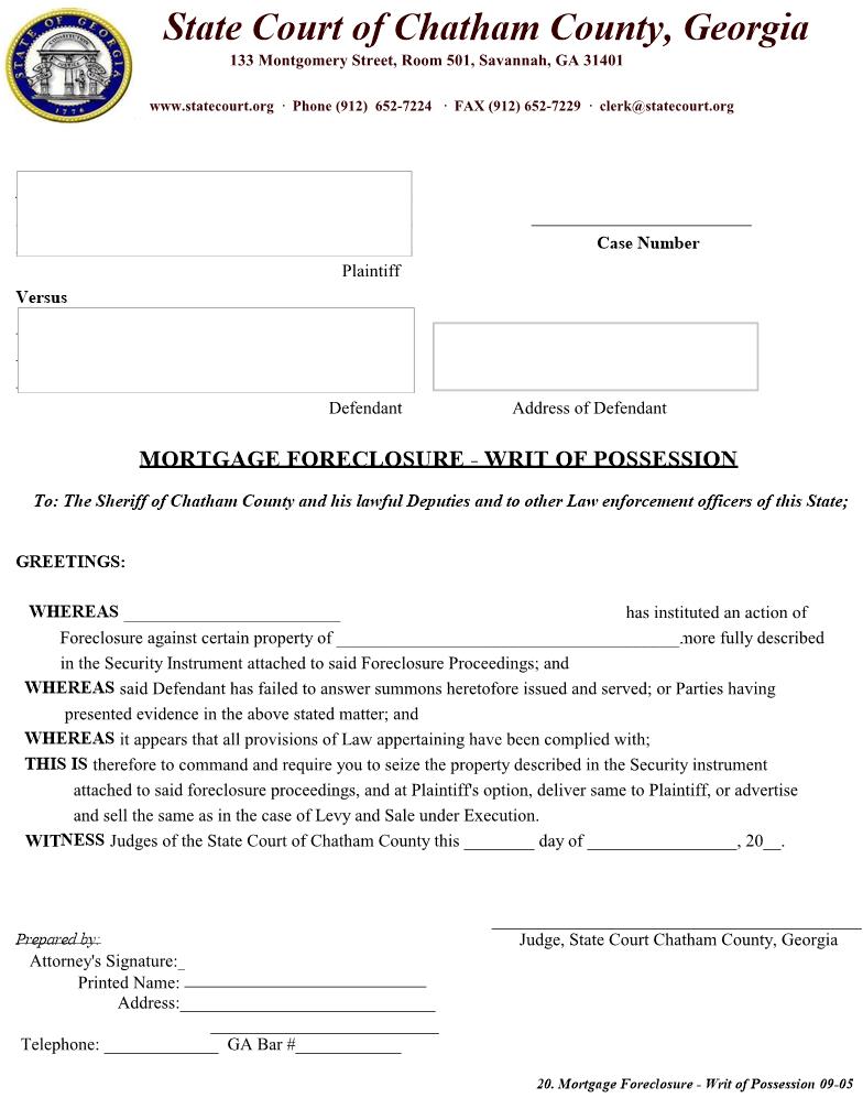 Mortgage Foreclosure - Writ Of Possession | Pdf Fpdf Doc Docx | Georgia