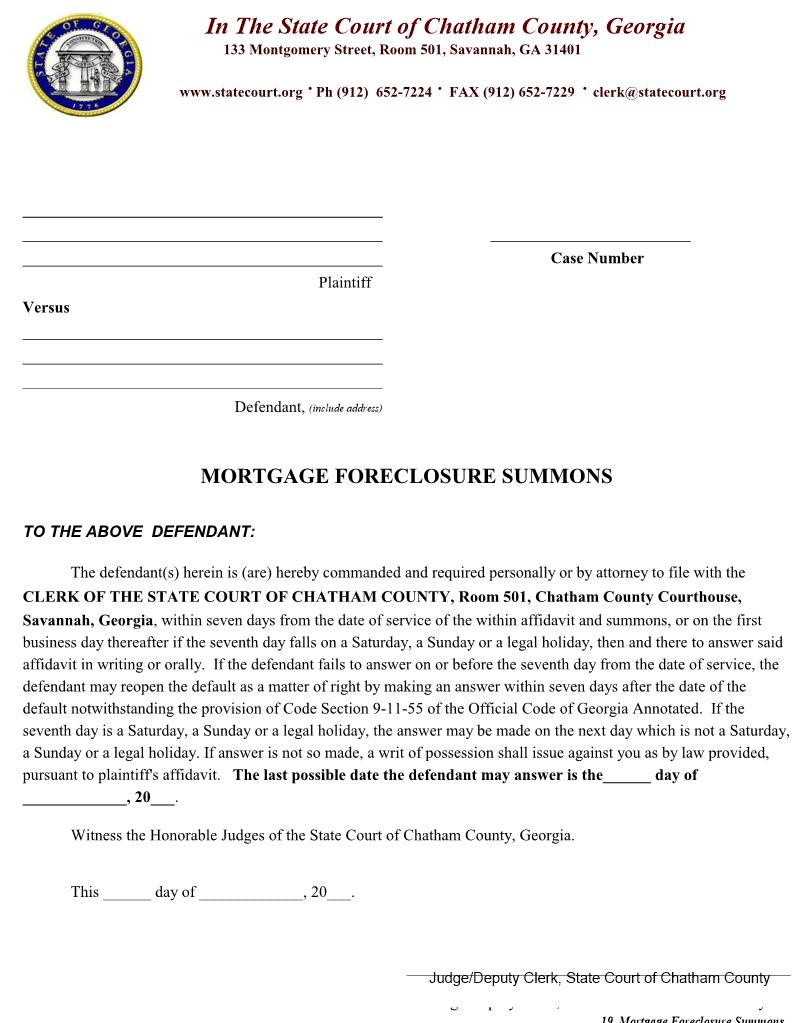 Mortgage Foreclosure Summons | Pdf Fpdf Doc Docx | Georgia