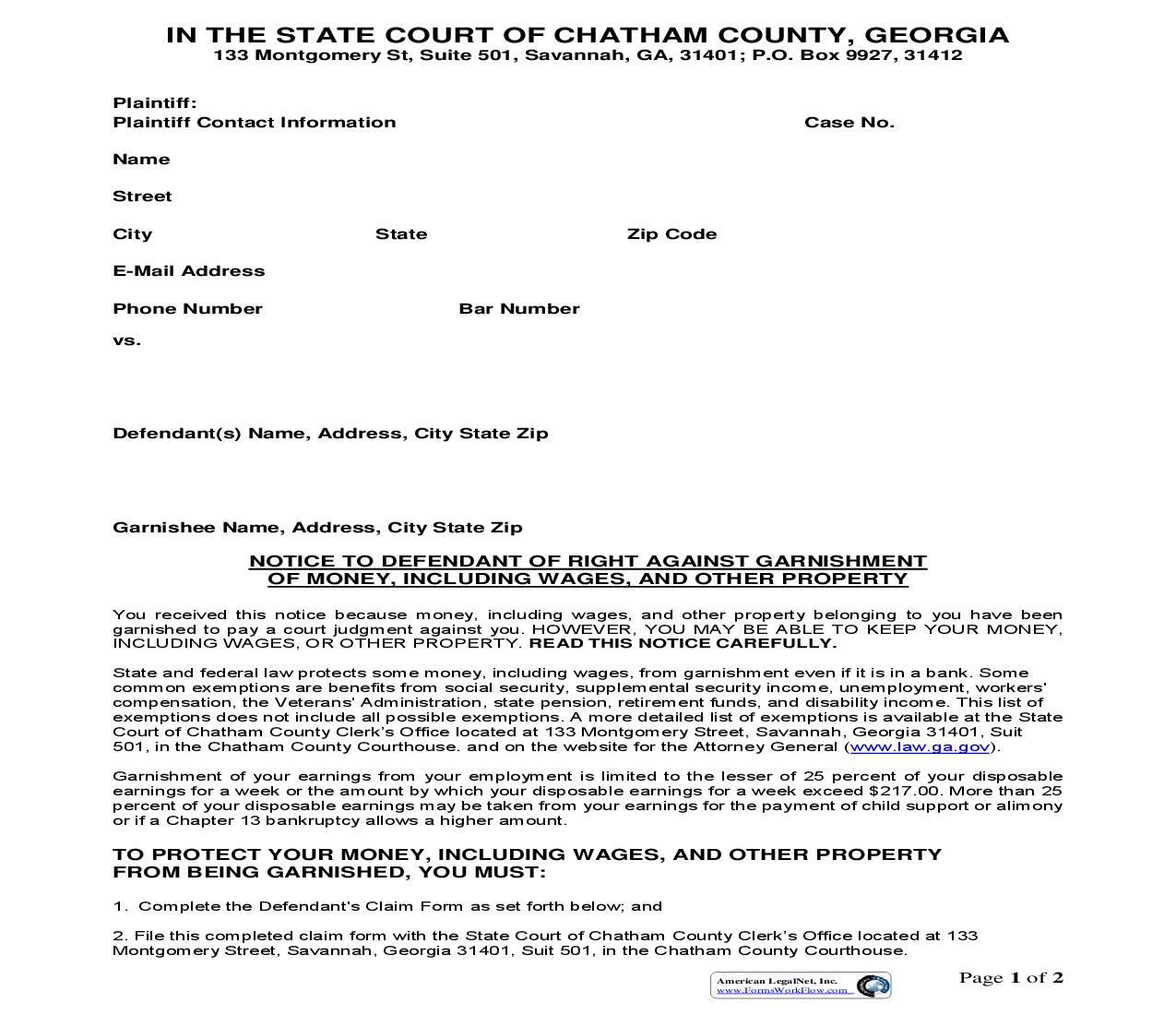 Notice To Defendant Of Right Against Garnishment Of Money | Pdf Fpdf Doc Docx | Georgia
