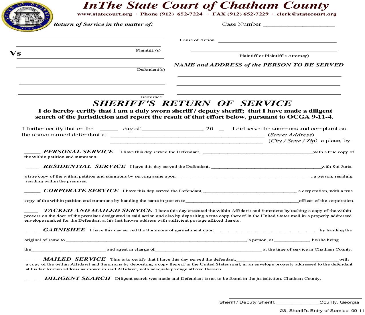 Sheriffs Return Of Service | Pdf Fpdf Doc Docx | Georgia