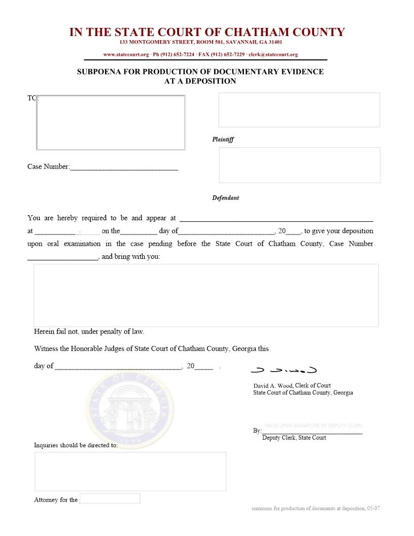 Subpoena For Production Of Documentary Evidence (Deposition) | Pdf Fpdf Docx | Georgia