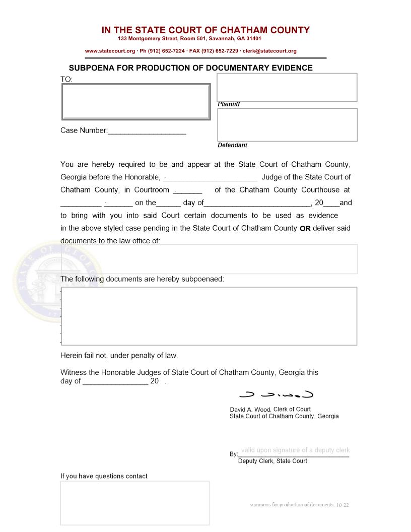 Subpoena For Production Of Documentary Evidence | Pdf Fpdf Doc Docx | Georgia