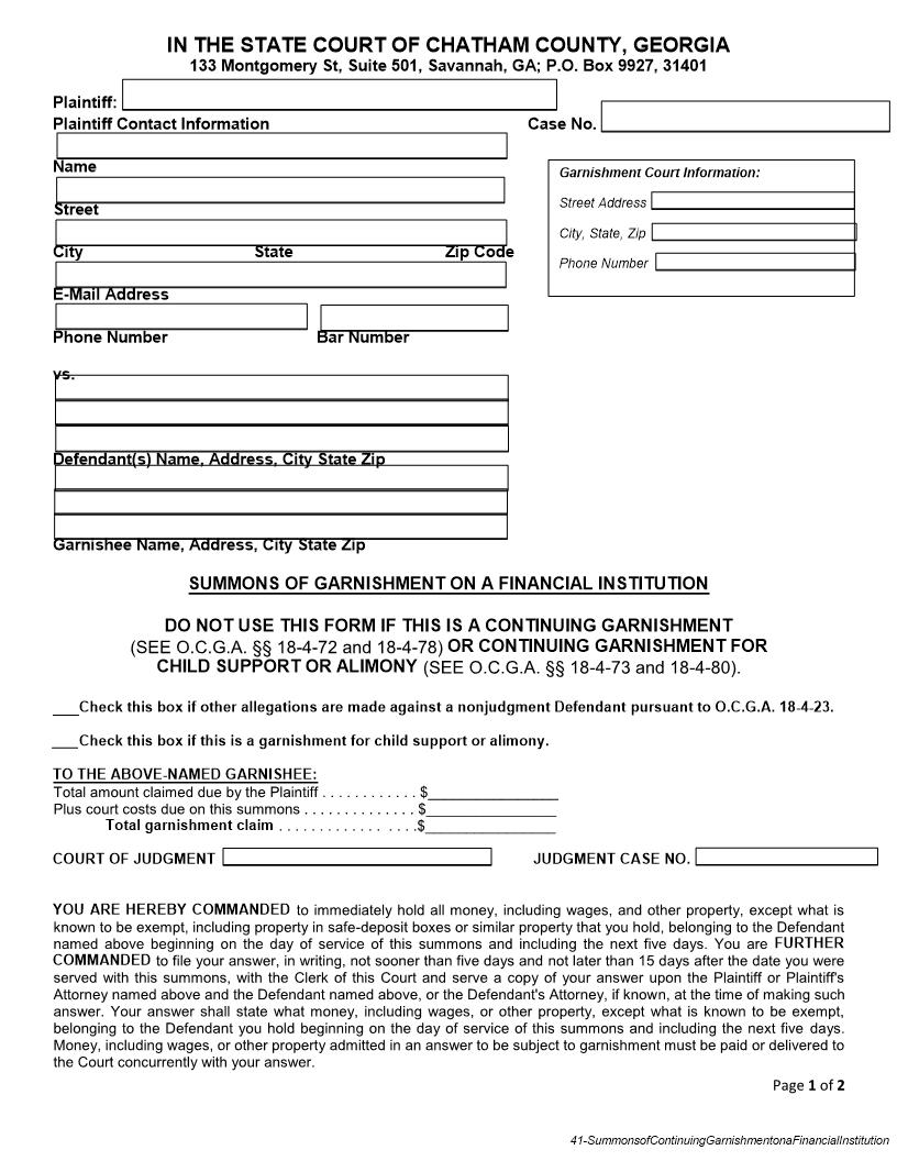 Summons Of Garnishment On A Financial Institution | Pdf Fpdf Doc Docx | Georgia