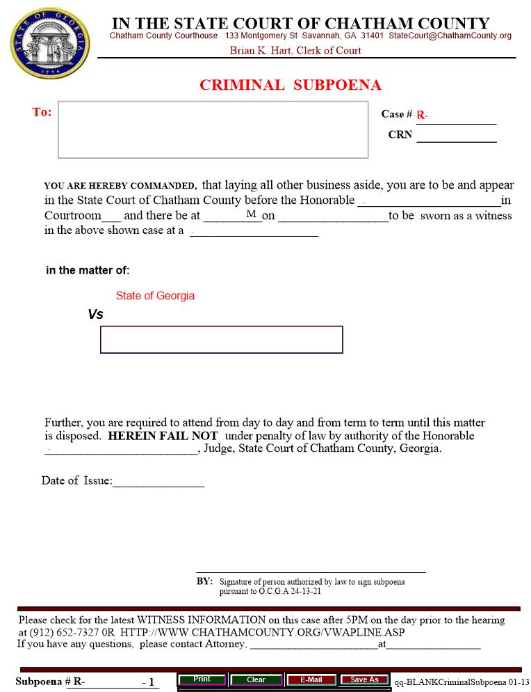 Blank Criminal Subpoena | Pdf Fpdf Docx | Georgia