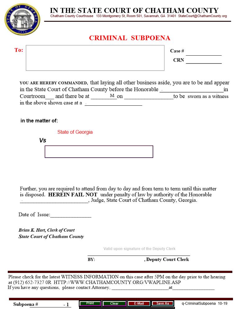 Criminal Subpoena | Pdf Fpdf Doc Docx | Georgia