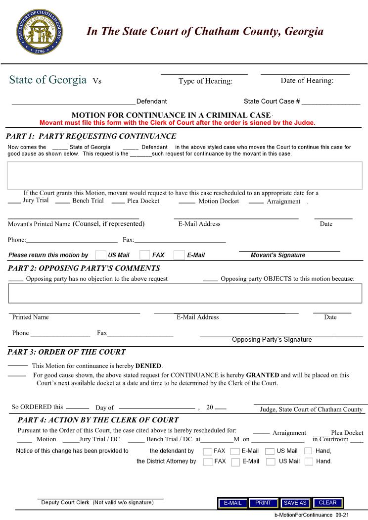 Motion For Continuance In A Criminal Case | Pdf Fpdf Docx | Georgia