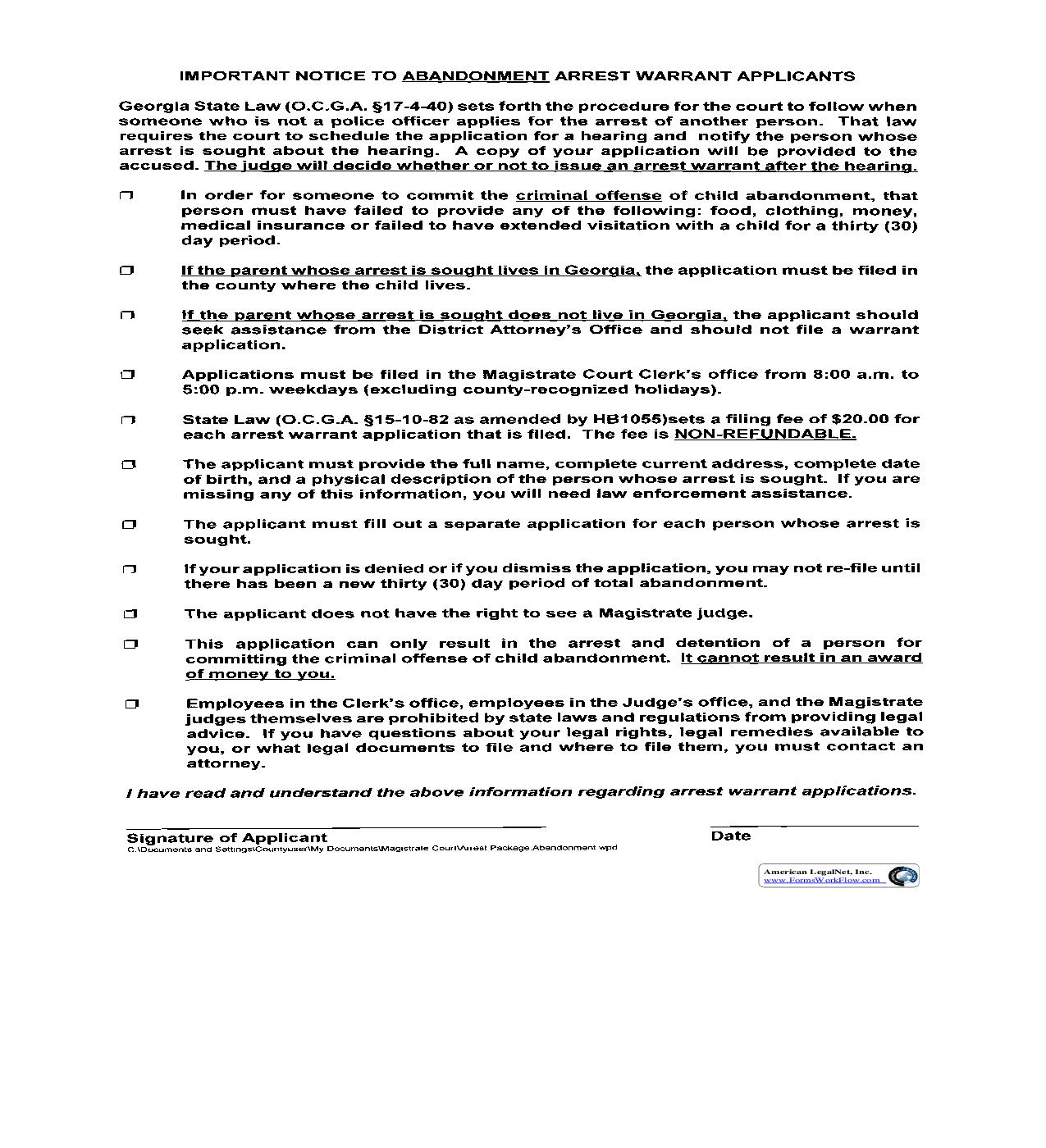 Abandonment Applications (Application For Criminal Arrest Warrant For Child Abandonment) | Pdf Fpdf Doc Docx | Georgia