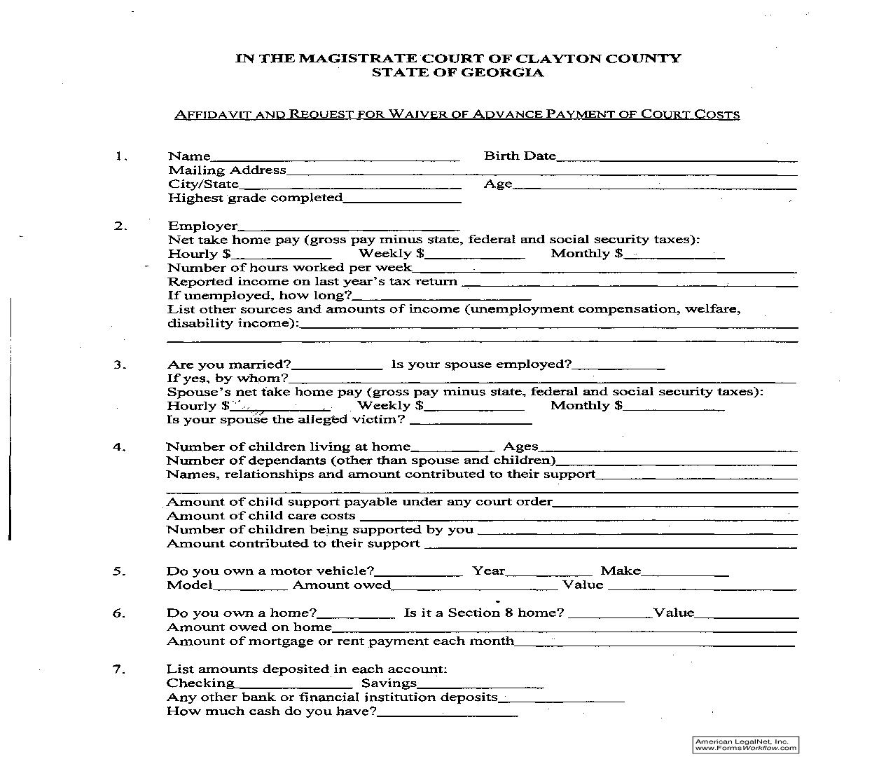 Affidavit And Request For Waiver Of Advanced Payment Of Court Costs | Pdf Fpdf Doc Docx | Georgia