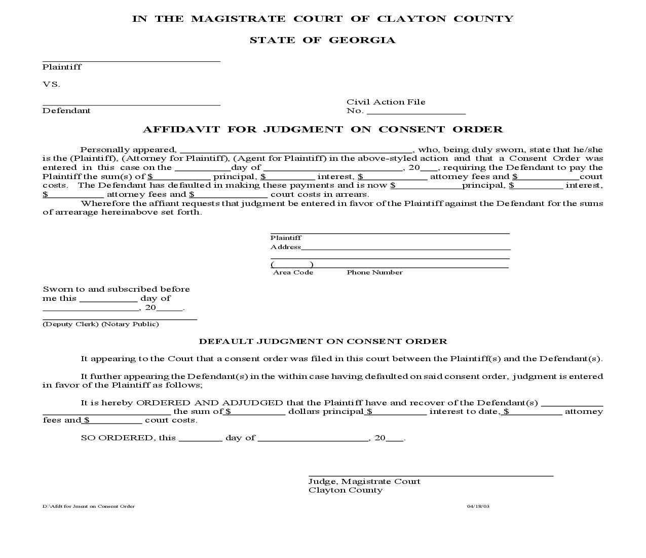 Affidavit For Judgment On Consent Order | Pdf Fpdf Doc Docx | Georgia