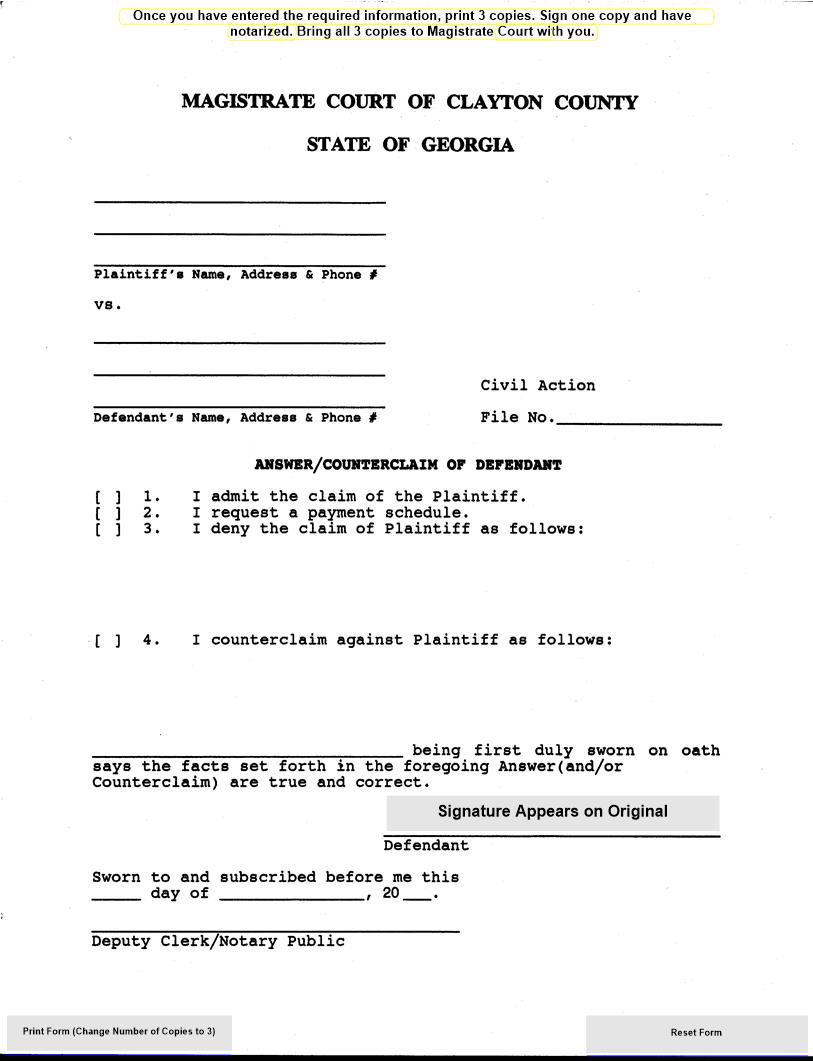 Answer-Counterclaim Of Defendant | Pdf Fpdf Doc Docx | Georgia