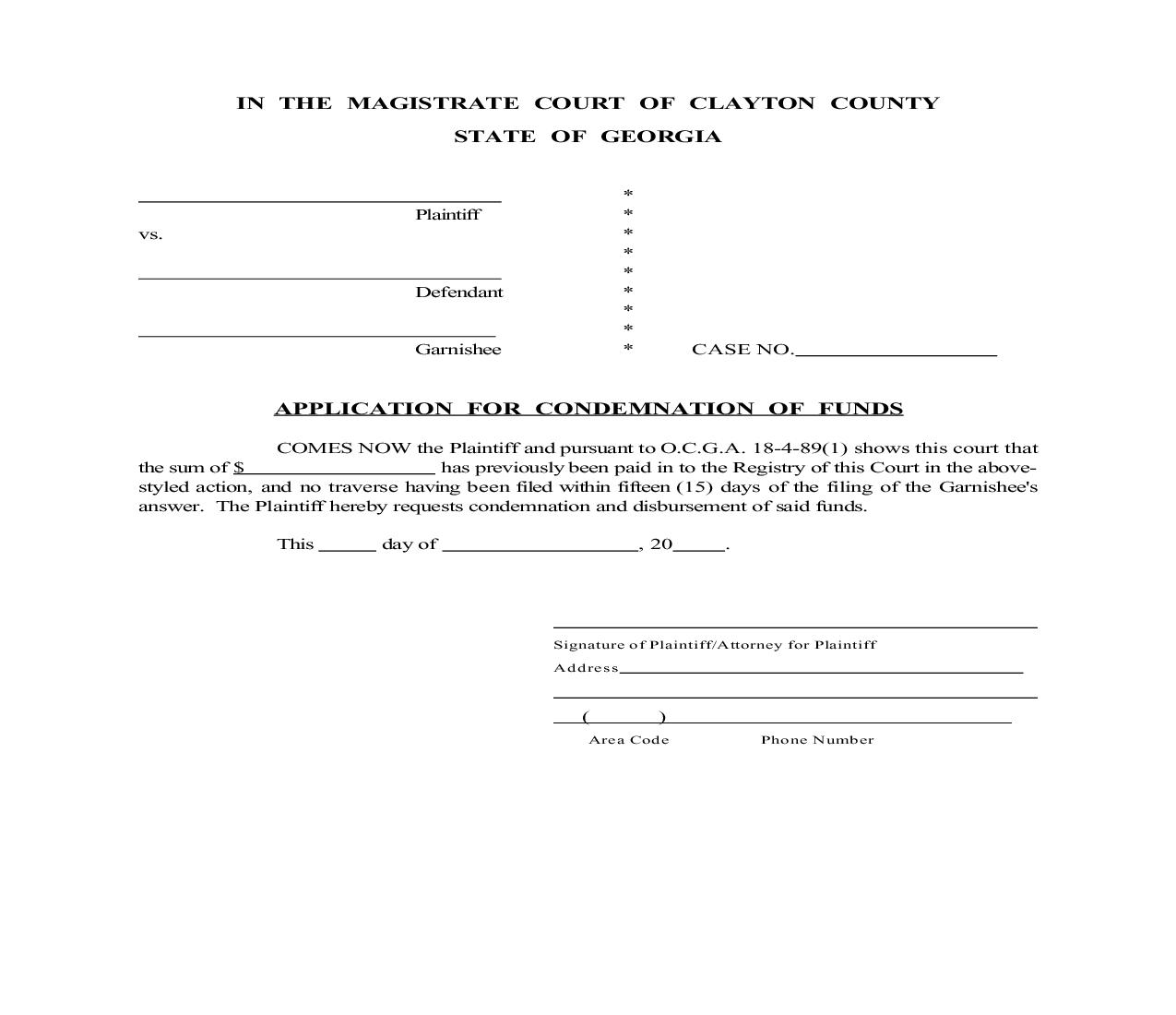 Application For Condemnation Of Funds | Pdf Fpdf Doc Docx | Georgia